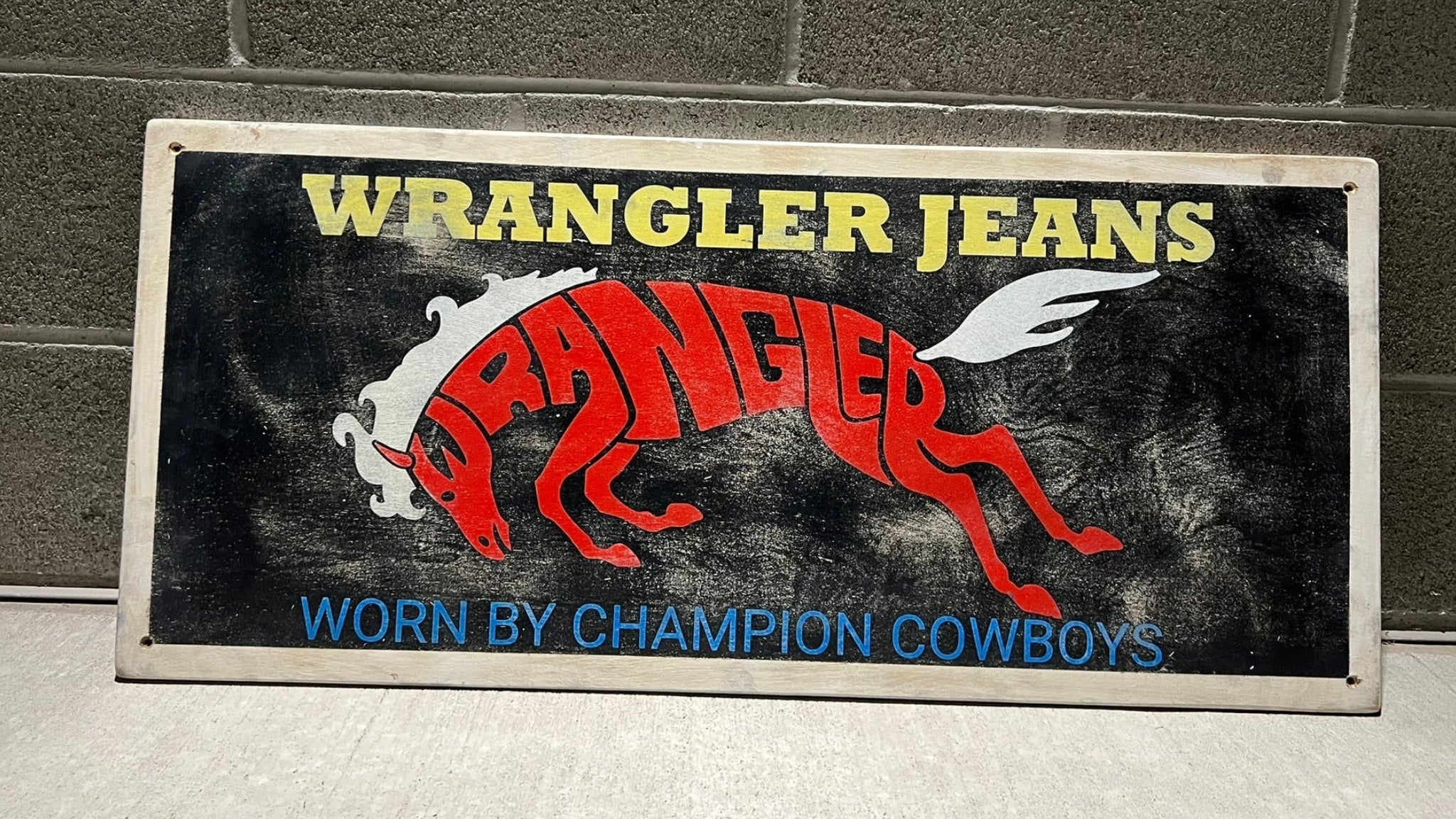 WRANGLER JEANS - 1970s - Vintage Antique Style Painted Wood Sign (18"x36")