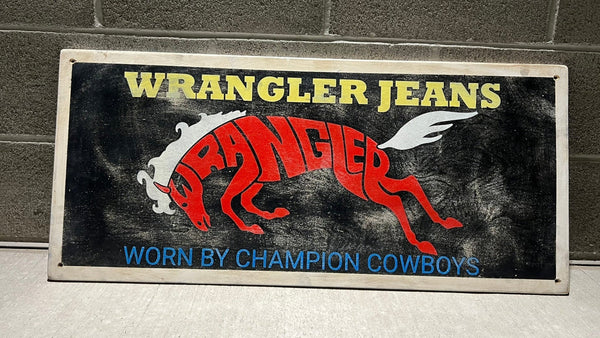 WRANGLER JEANS - 1970s - Vintage Antique Style Painted Wood Sign (18"x36")